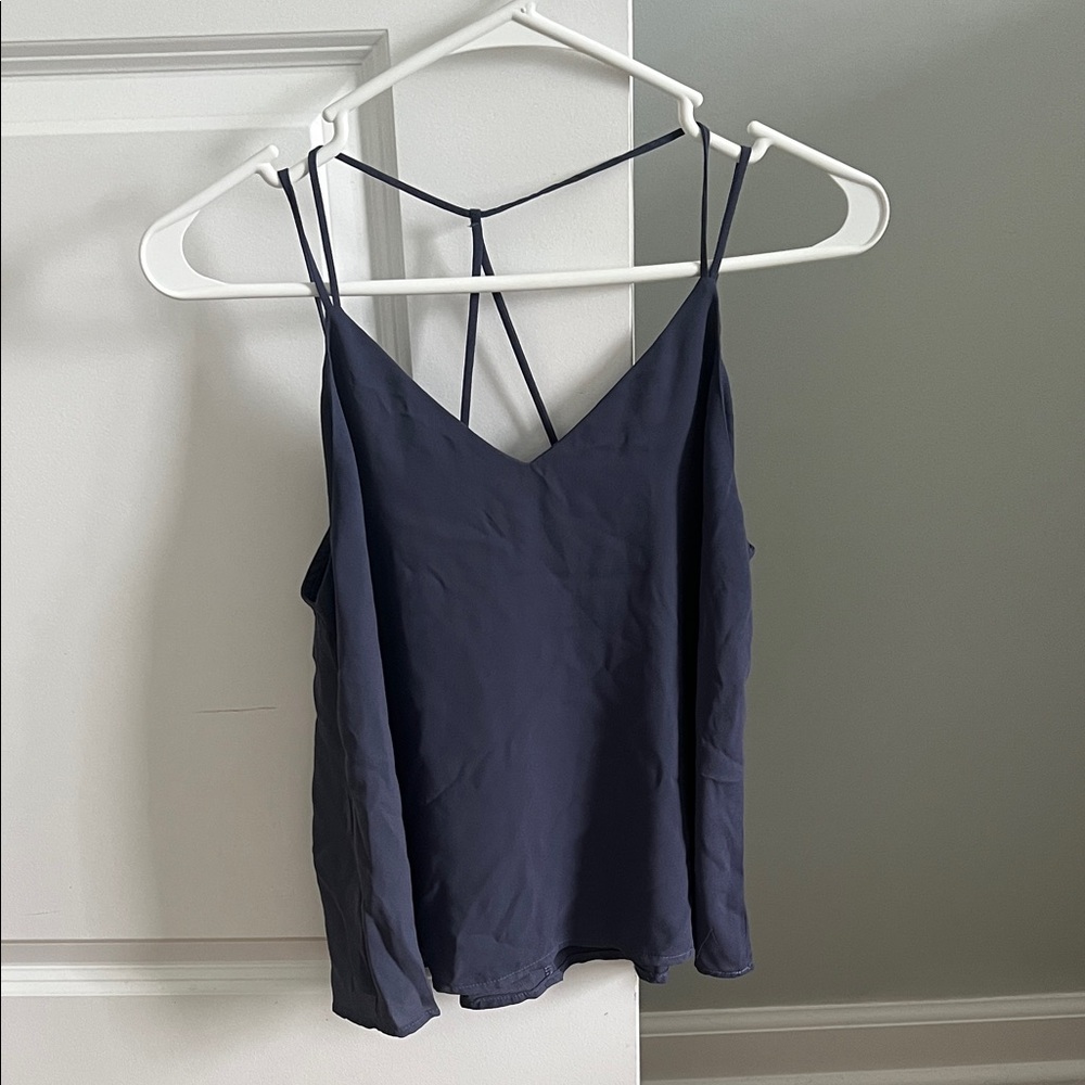 Navy Satin V-Neck Spaghetti Strap Tank Top